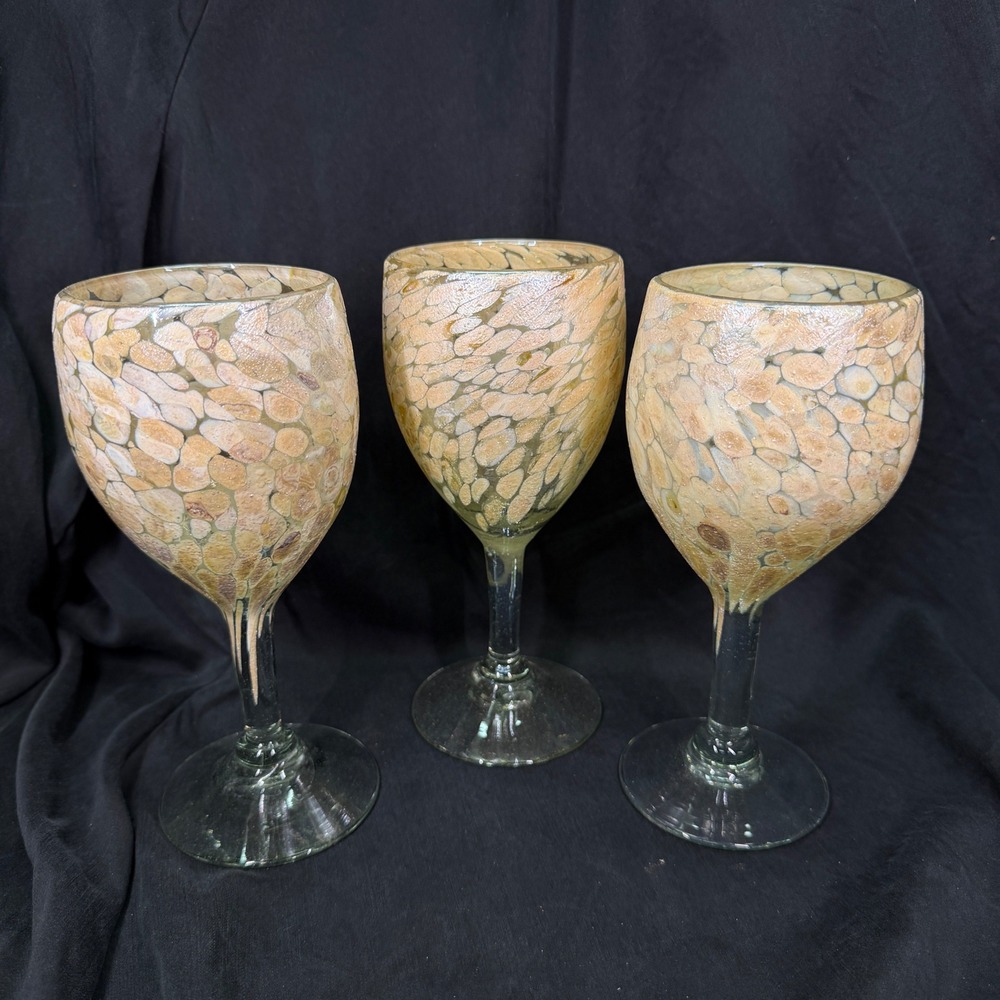 Boho Rustic Handcrafted Mosaic Speckled Glass Wine Goblets 8" Tan Cream Set of 3